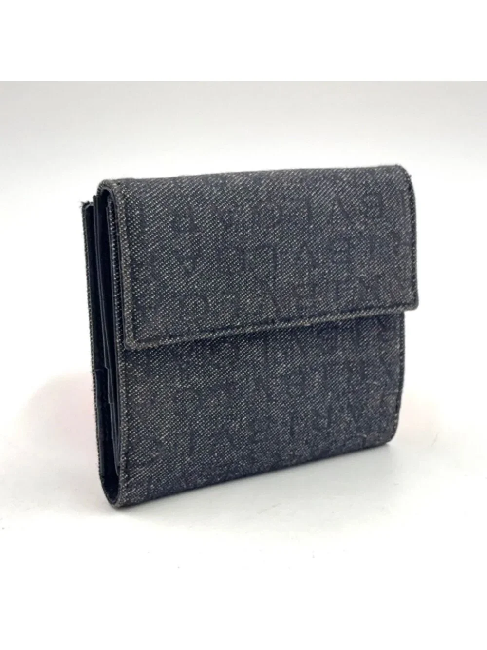 Bvlgari Lettere Logo Mania Leather Denim Navy Black Bifold Wallet Silver